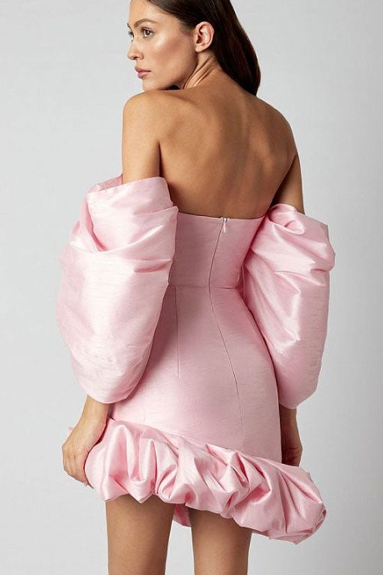 Puff Sleeve Ruffled Satin Party Mini Dress - Pink