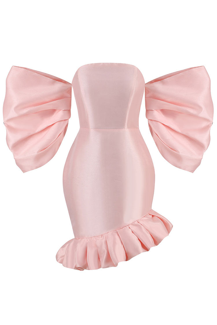 Puff Sleeve Ruffled Satin Party Mini Dress - Pink