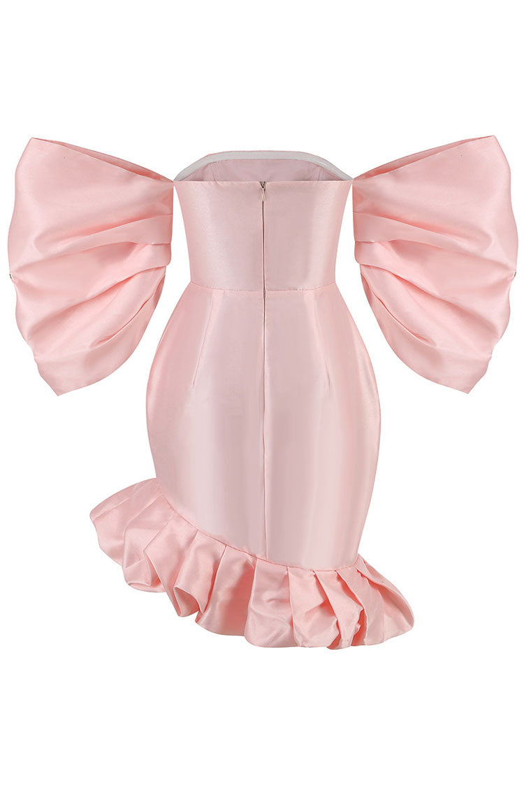 Puff Sleeve Ruffled Satin Party Mini Dress - Pink