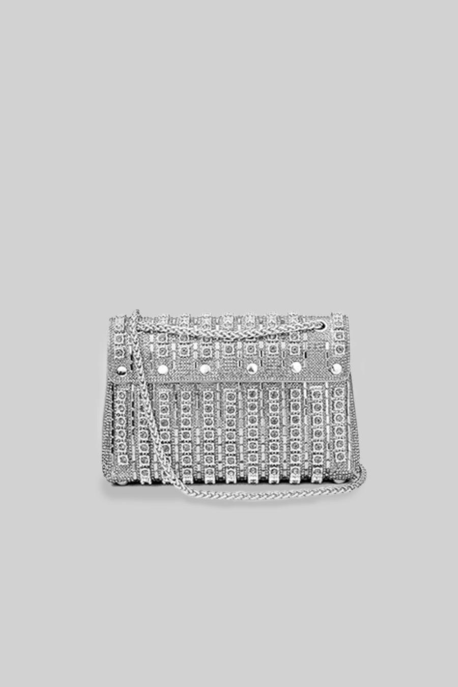 Parıldayan Dokuma El Çantası - Işıltılı Rhinestone Süslemeler - Gümüş