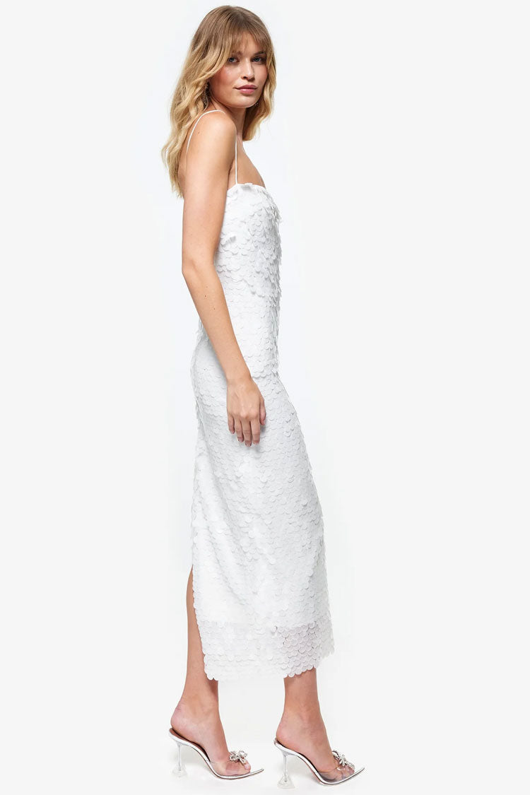Paillettenbesetztes Maxikleid mit Spaghettiträgern und Schlitz – Weiß
