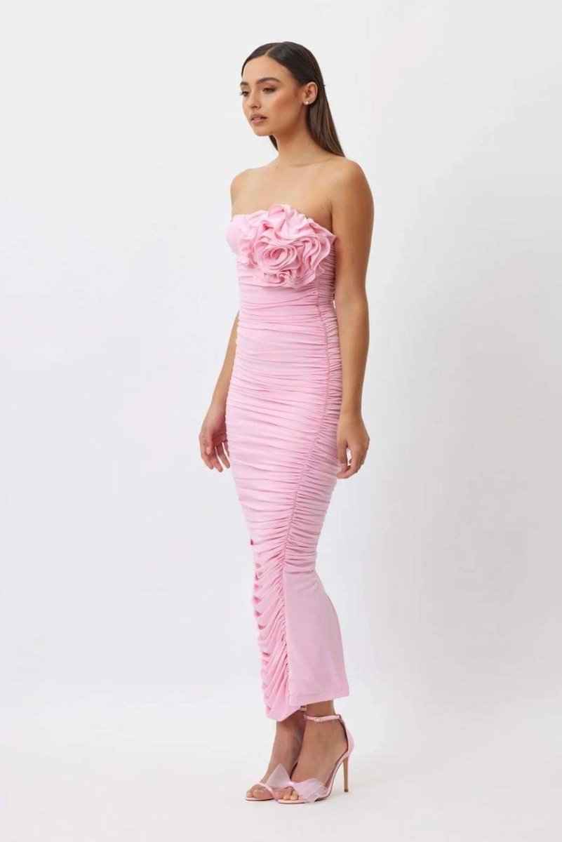 Tina Flower Straplez Midi Elbise