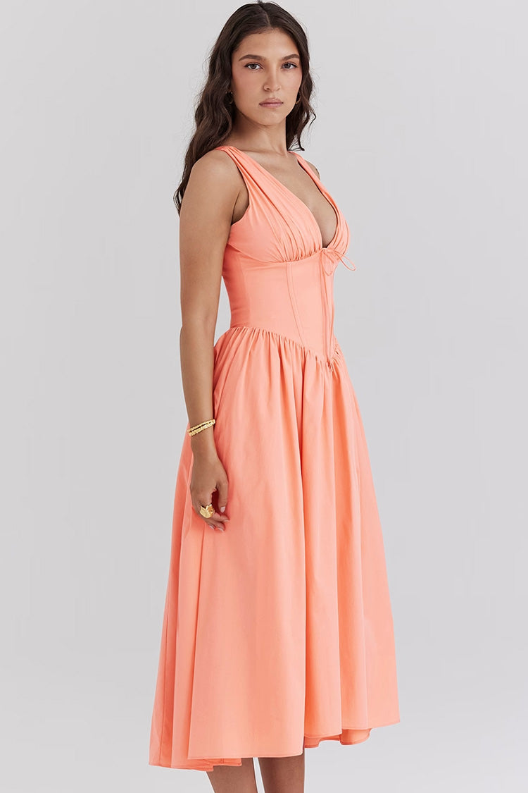 Midikleid mit tiefer Taille und Taschen, Korsett-Oberteil