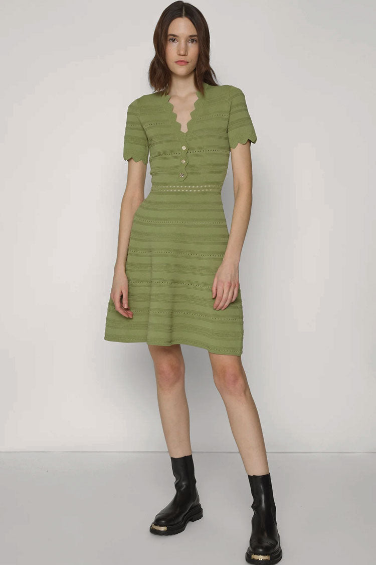 Geknöpftes, kurzärmeliges Strickminikleid – Grün