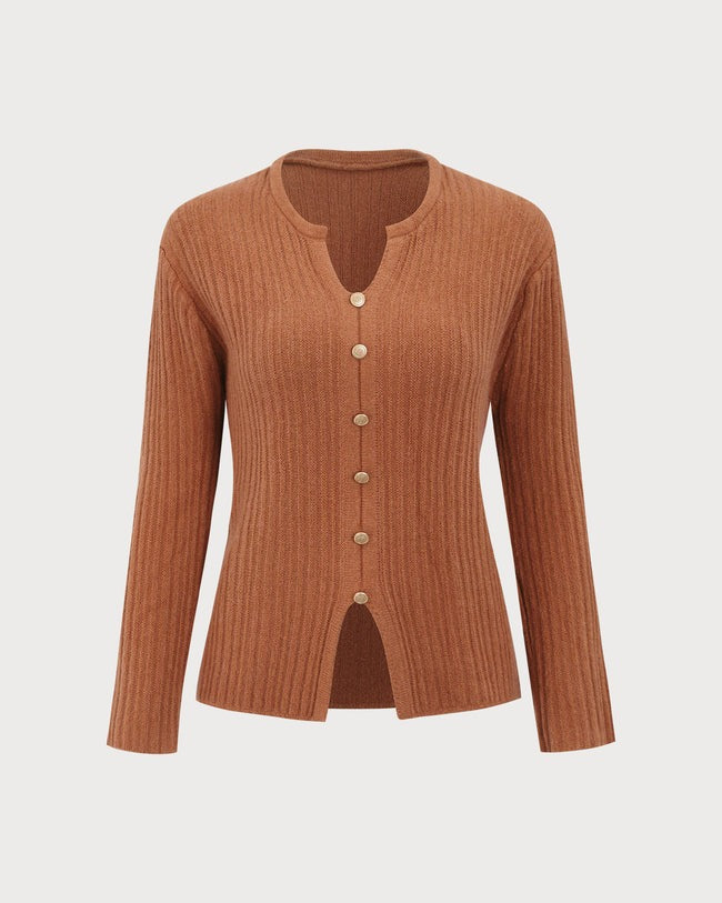 Caramel Buttoned Narrow Slit Cardigan
