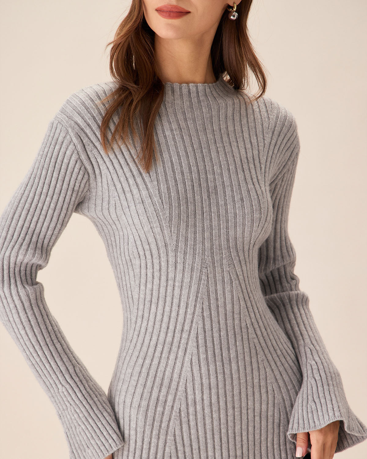 Grey Crew Neck Bell Sleeve Knitted Mini Dress