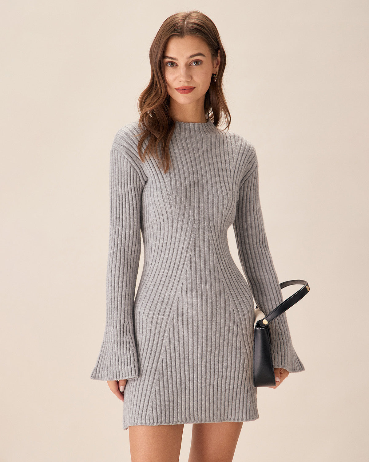 Grey Crew Neck Bell Sleeve Knitted Mini Dress