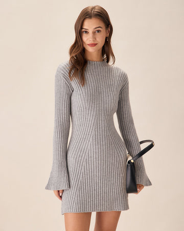Grey Crew Neck Bell Sleeve Knitted Mini Dress