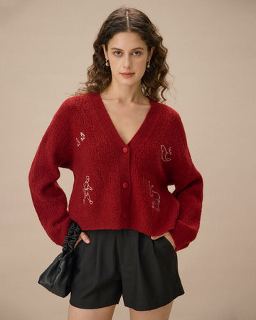 Red V-Neck Dropped Shoulder Buttoned Cardigan