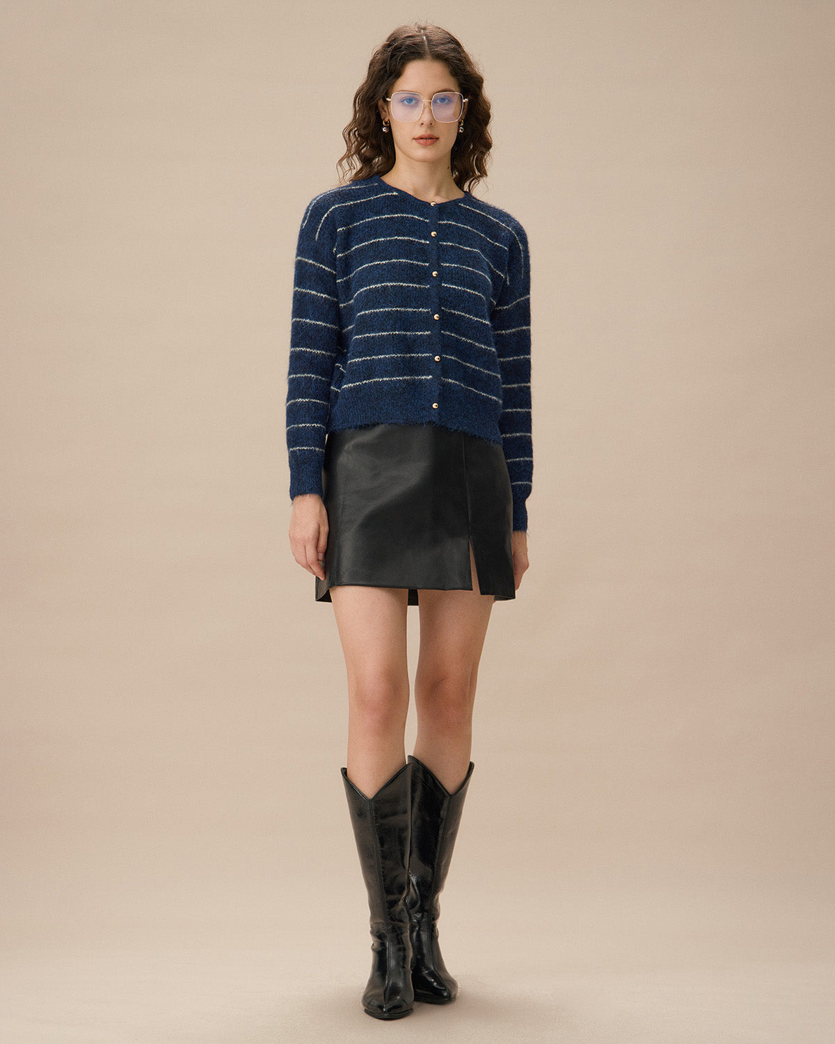 Blue Striped Off-Shoulder Cardigan