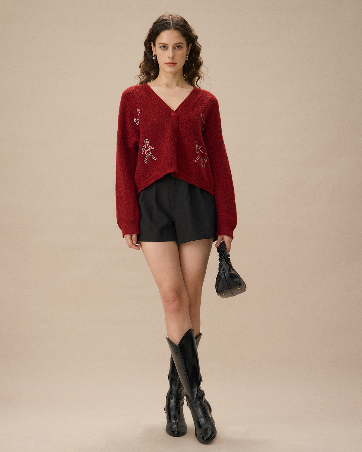 Red V-Neck Dropped Shoulder Buttoned Cardigan