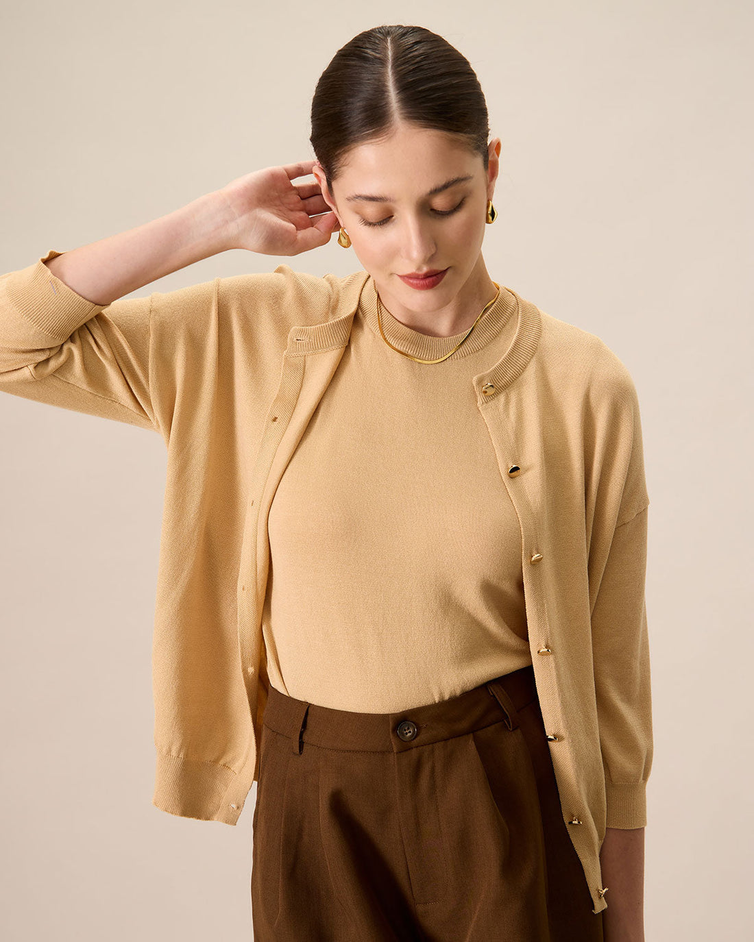 Beige Crew Neck Ribbed Tencel Cardigan