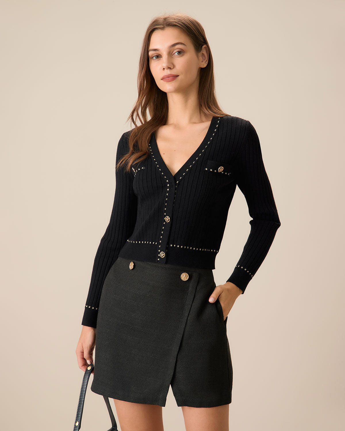 Black Contrast Single Button Cardigan