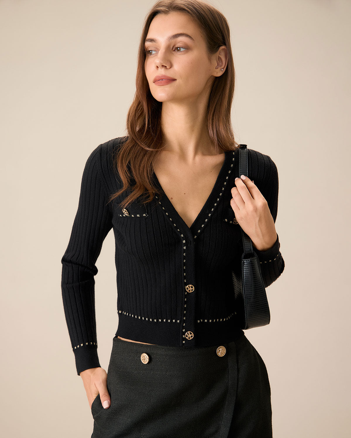 Black Contrast Single Button Cardigan