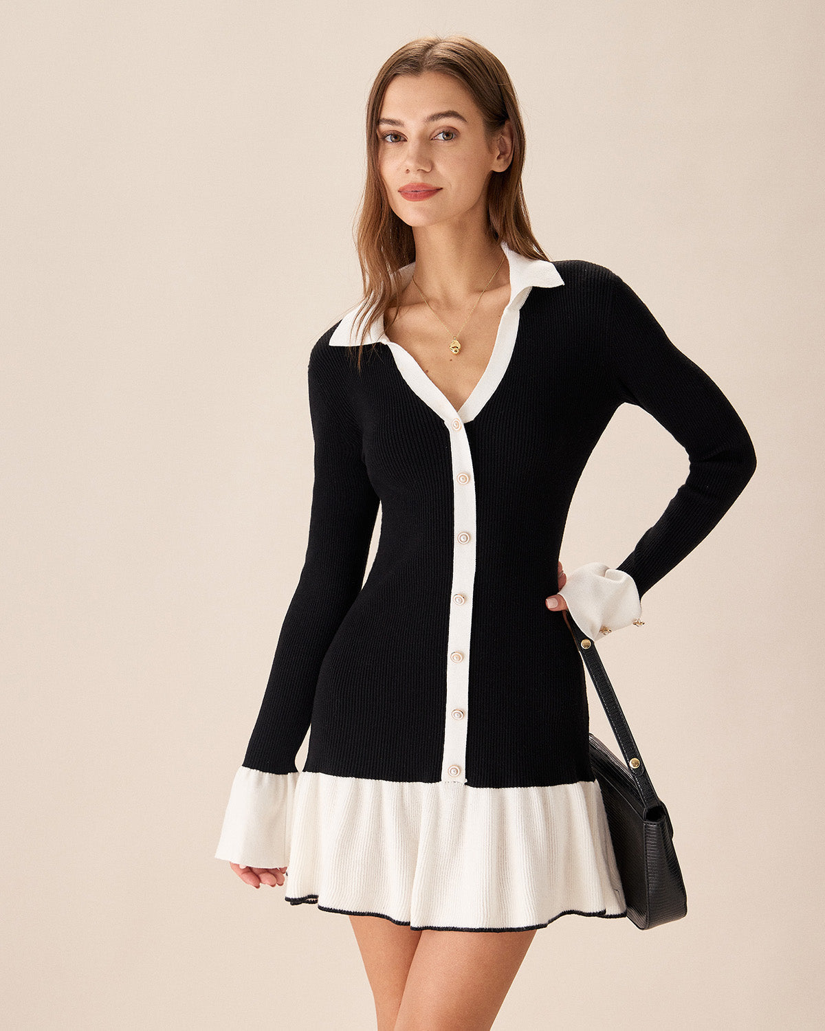 Black Contrast Bell Sleeve Knitted Mini Dress