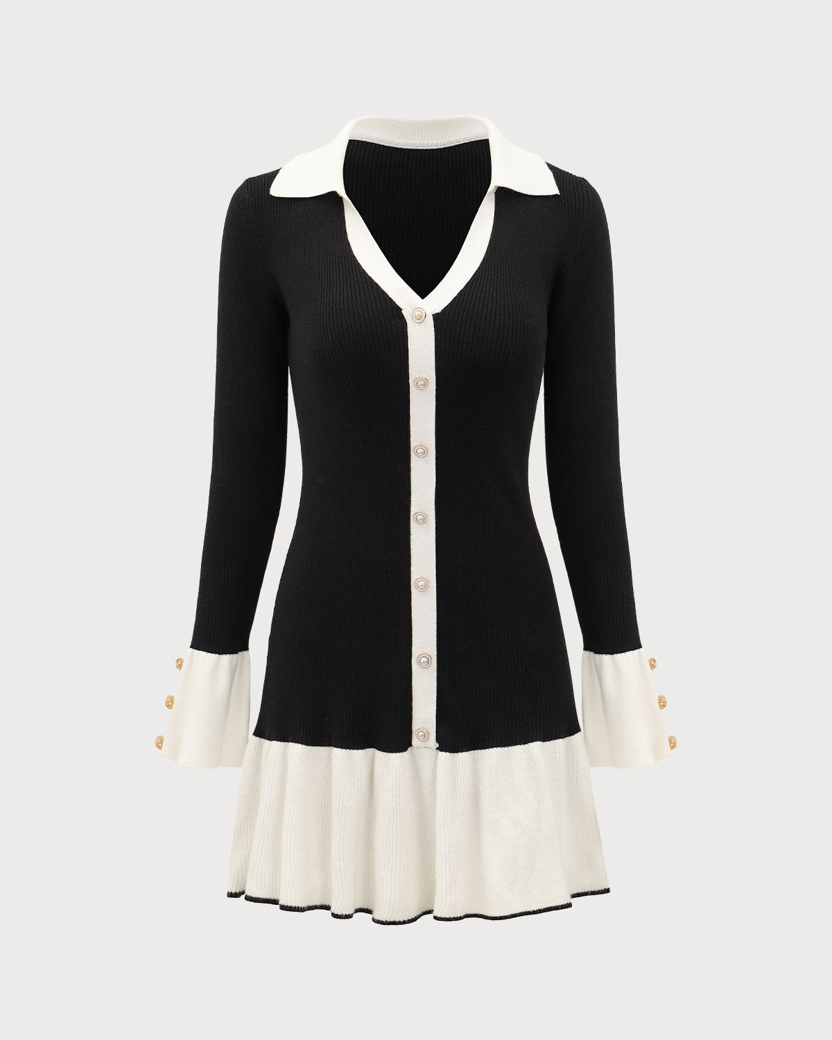 Black Contrast Bell Sleeve Knitted Mini Dress