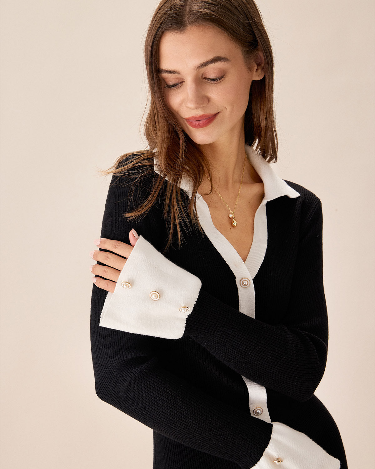Black Contrast Bell Sleeve Knitted Mini Dress