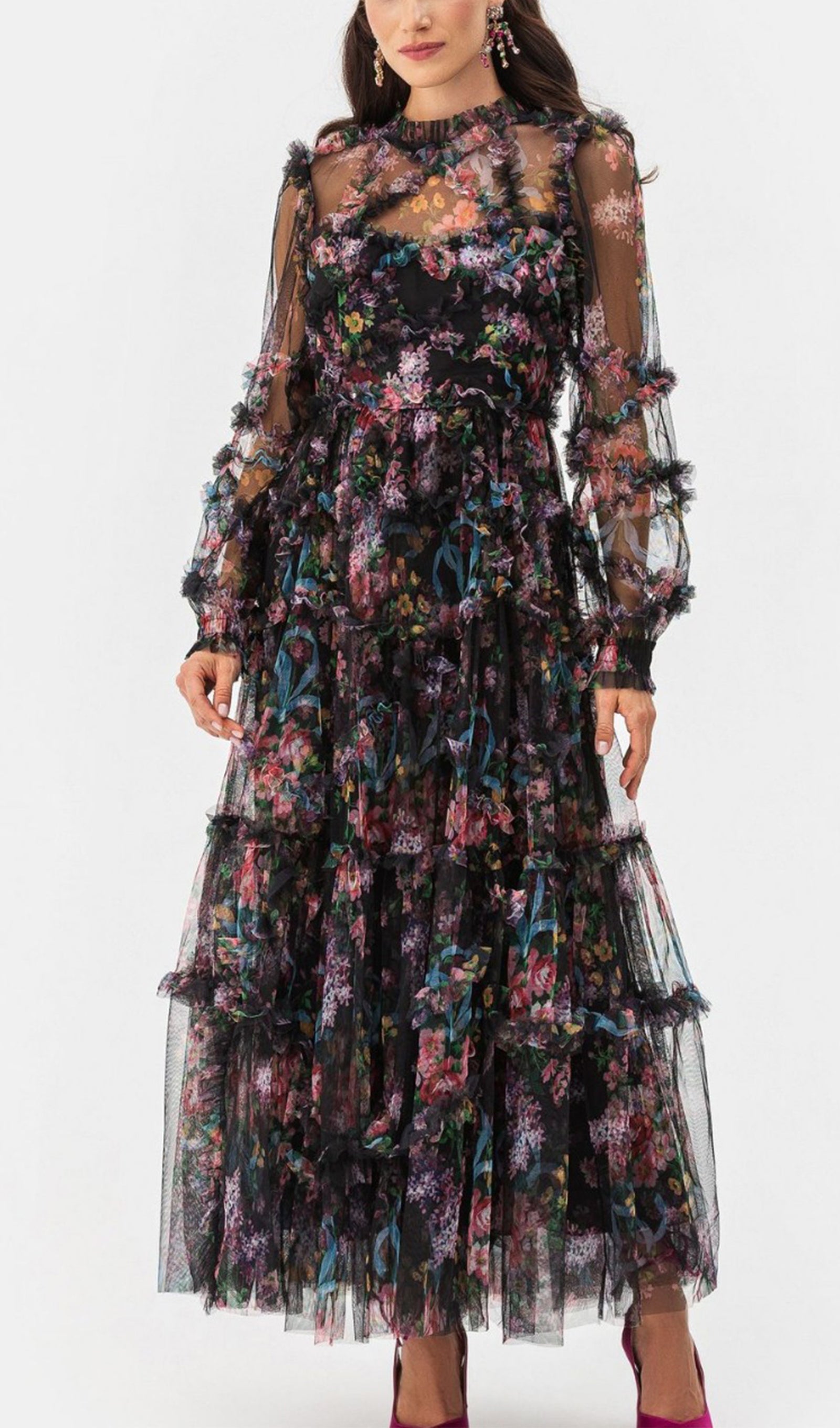 Langärmeliges, geblümtes, gestricktes Rüschen-Midikleid