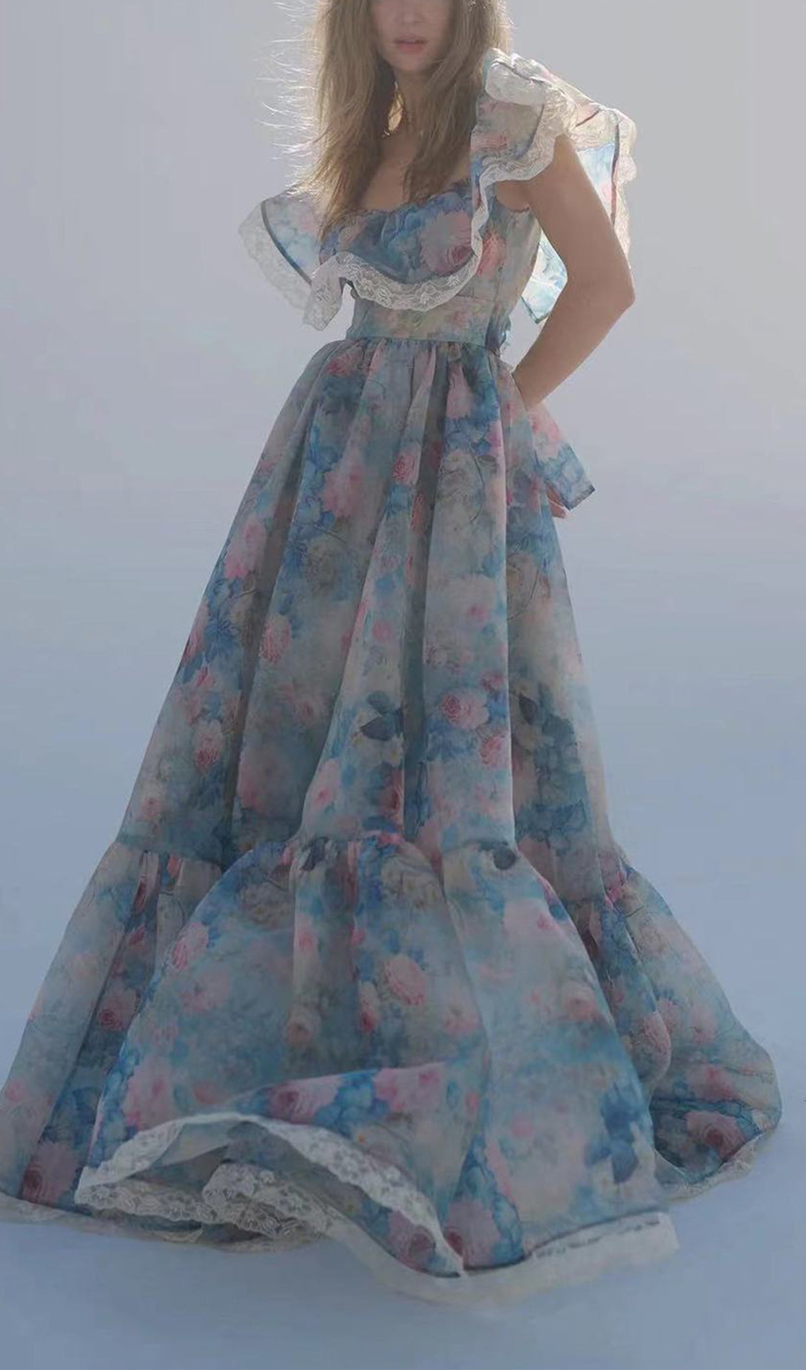 Floral Ruffled V-Neck Fitted and Flare Maxi Dress