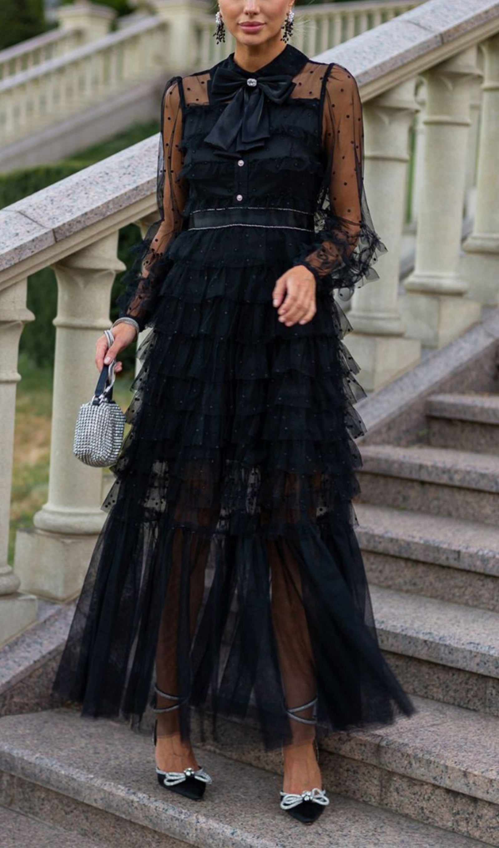 Long Sleeve Ruffle Rhinestone Mesh Maxi Dress