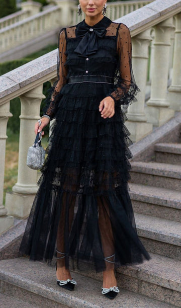 Long Sleeve Ruffle Rhinestone Mesh Maxi Dress