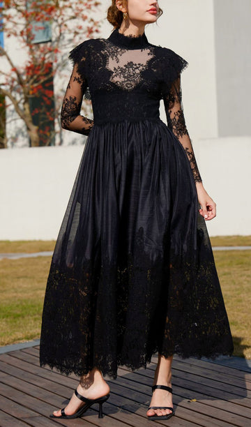 Long Sleeve Lace Fitted and Flare Midi Dress Black