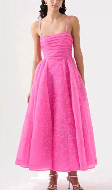 Besticktes, tailliertes Midikleid mit Trägern in Rosa